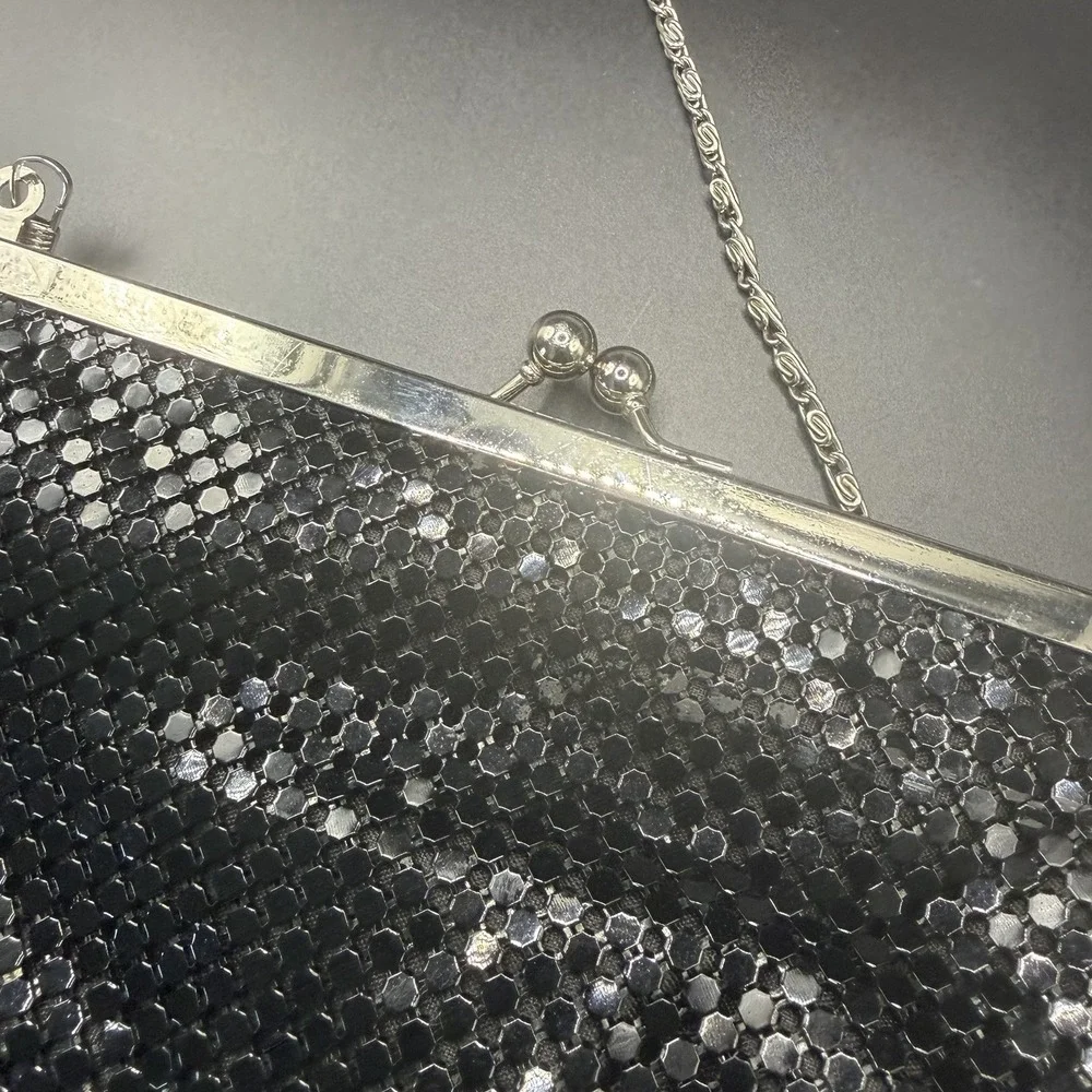 Vintage Black Metal Mesh Clutch/ Cocktail Purse With Silver Hardware/ Chain